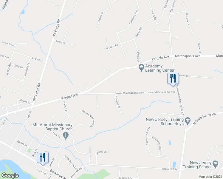 map of restaurants, bars, coffee shops, grocery stores, and more near 20 Lower Matchaponix Avenue in Monroe Township