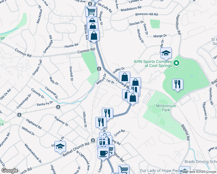 map of restaurants, bars, coffee shops, grocery stores, and more near 4480 2nd Street in Bethel Park