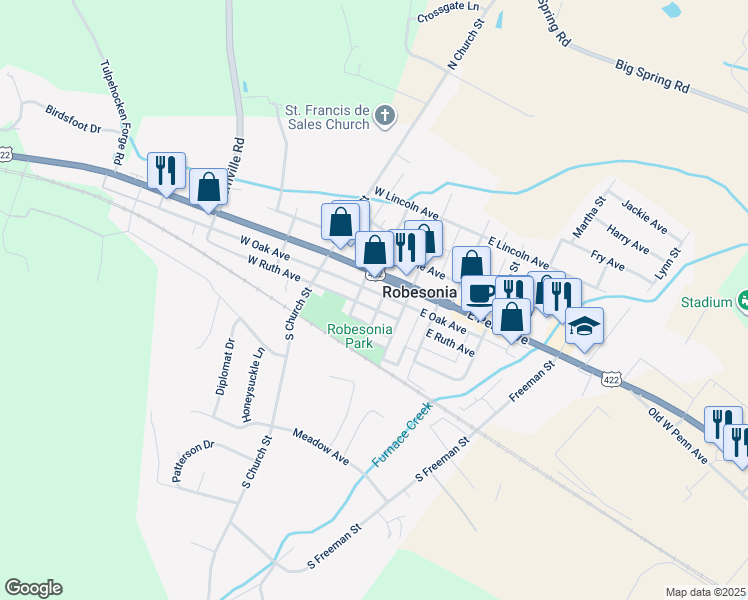 map of restaurants, bars, coffee shops, grocery stores, and more near 33 West Ruth Avenue in Robesonia