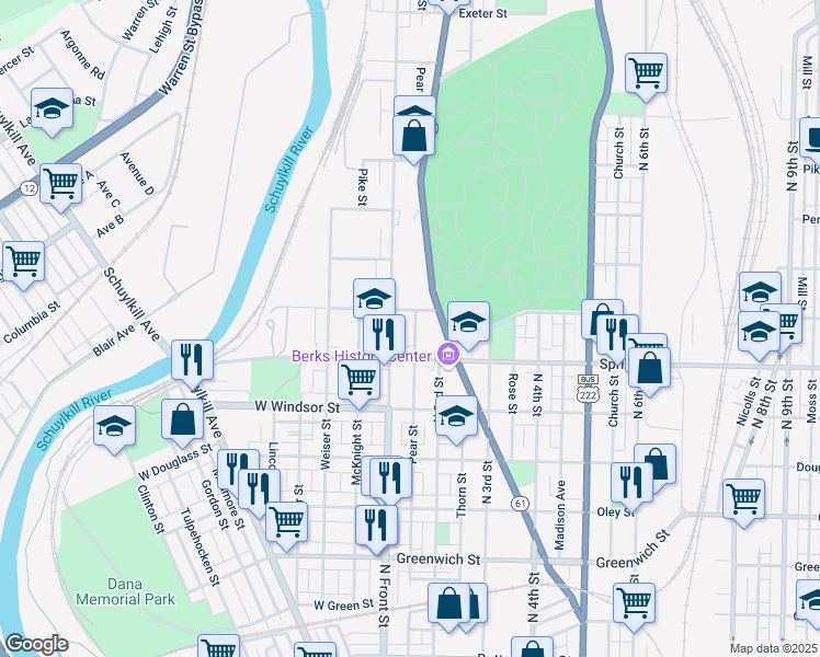 map of restaurants, bars, coffee shops, grocery stores, and more near 1040 Pear Street in Reading