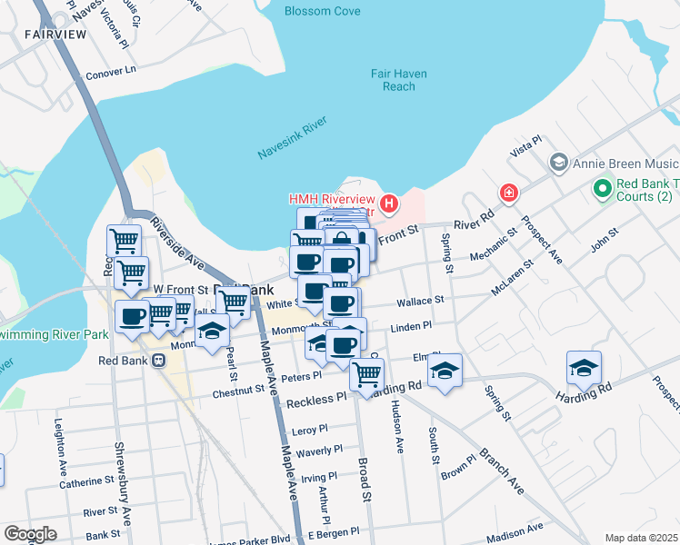map of restaurants, bars, coffee shops, grocery stores, and more near 16 Broad Street in Red Bank