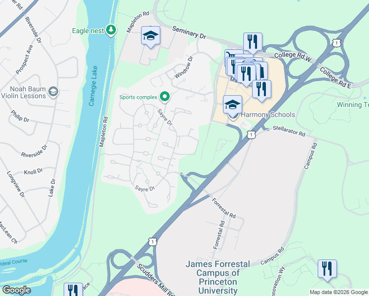 map of restaurants, bars, coffee shops, grocery stores, and more near 1301 Sayre Drive in Princeton