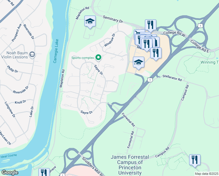 map of restaurants, bars, coffee shops, grocery stores, and more near 1301 Sayre Drive in Princeton