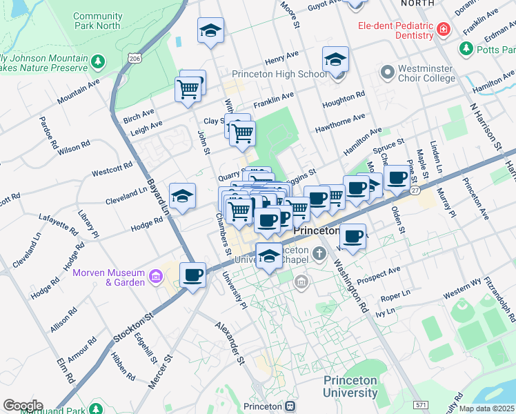 map of restaurants, bars, coffee shops, grocery stores, and more near 66 Witherspoon Street in Princeton