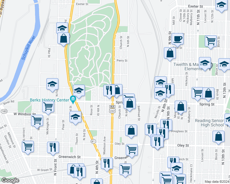map of restaurants, bars, coffee shops, grocery stores, and more near 1041 North 5th Street in Reading