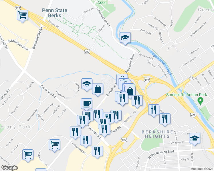 map of restaurants, bars, coffee shops, grocery stores, and more near 405 Peters Way in Wyomissing