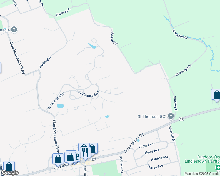 map of restaurants, bars, coffee shops, grocery stores, and more near 6130 Piccadilly Court in Harrisburg