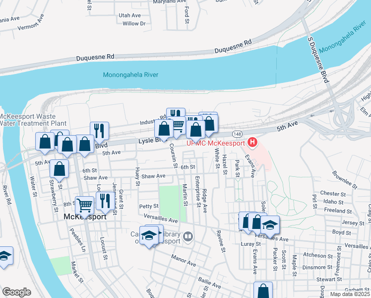 map of restaurants, bars, coffee shops, grocery stores, and more near 912 5th Avenue in McKeesport