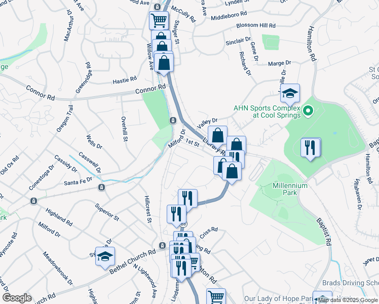 map of restaurants, bars, coffee shops, grocery stores, and more near 4480 2nd Street in Bethel Park