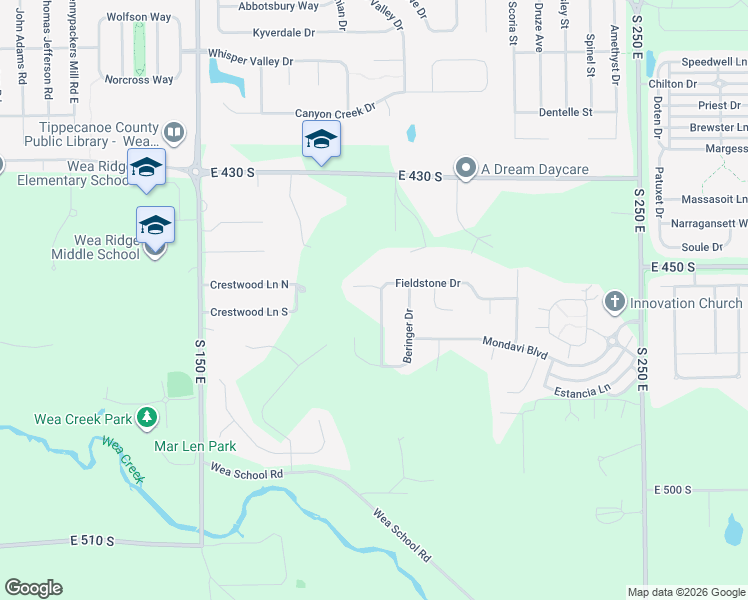 map of restaurants, bars, coffee shops, grocery stores, and more near Fieldstone Drive in Lafayette