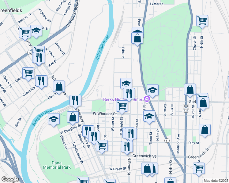 map of restaurants, bars, coffee shops, grocery stores, and more near 1037 Weiser Street in Reading