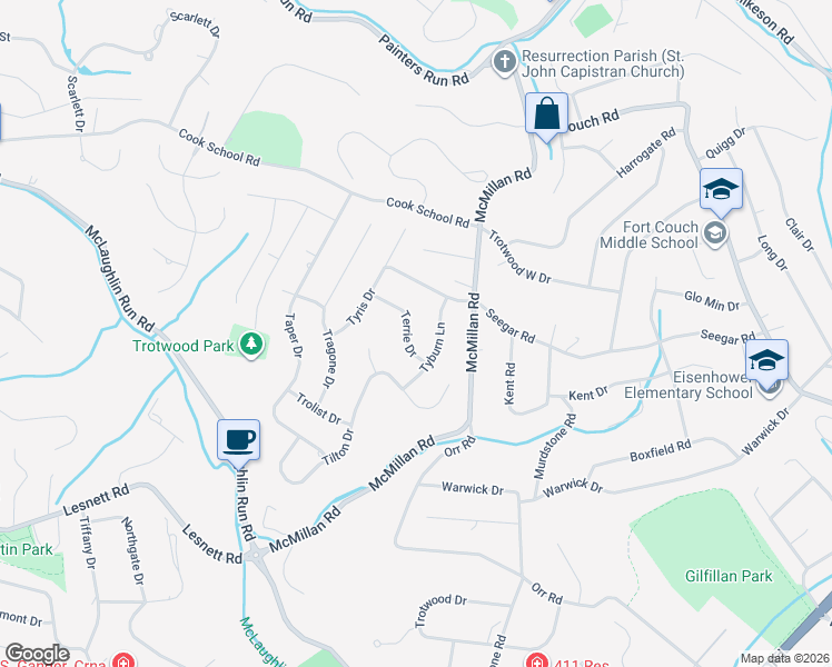 map of restaurants, bars, coffee shops, grocery stores, and more near 1621 Terrie Dr in Pittsburgh