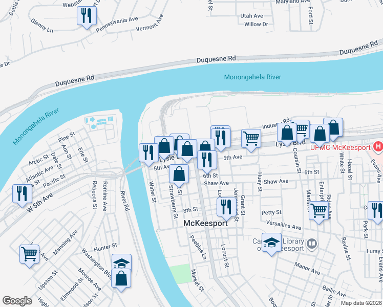 map of restaurants, bars, coffee shops, grocery stores, and more near 293 Lysle Boulevard in McKeesport