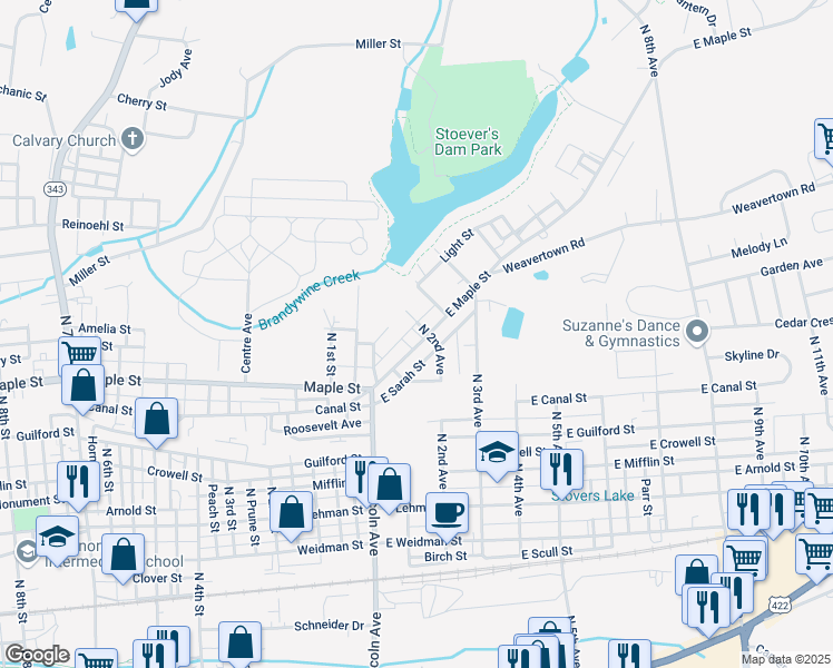 map of restaurants, bars, coffee shops, grocery stores, and more near 137 East Maple Street in Lebanon
