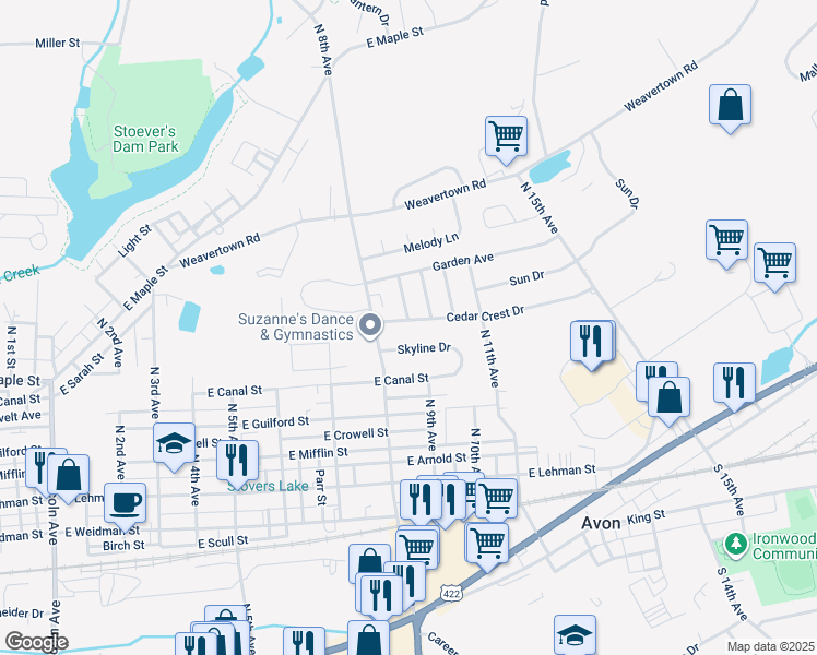 map of restaurants, bars, coffee shops, grocery stores, and more near 816 Cedar Crest Drive in Lebanon
