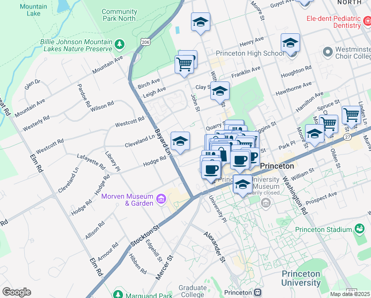 map of restaurants, bars, coffee shops, grocery stores, and more near 23 Paul Robeson Place in Princeton