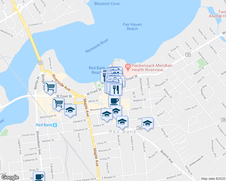 map of restaurants, bars, coffee shops, grocery stores, and more near 18 Broad Street in Red Bank