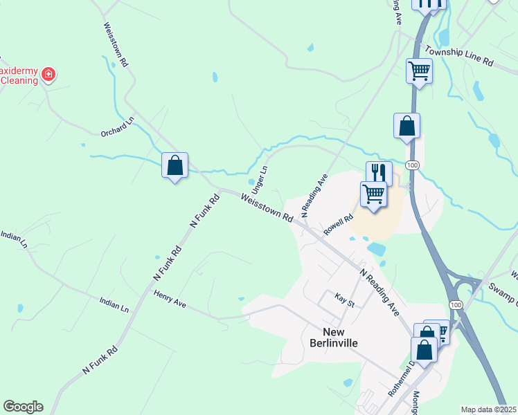 map of restaurants, bars, coffee shops, grocery stores, and more near 1019 Weisstown Road in Boyertown