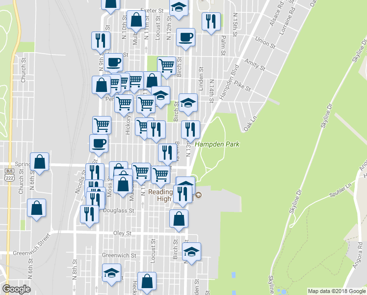 map of restaurants, bars, coffee shops, grocery stores, and more near 1236 Robeson Street in Reading