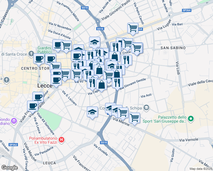 map of restaurants, bars, coffee shops, grocery stores, and more near 22-26 Via Capitano Ritucci in Lecce