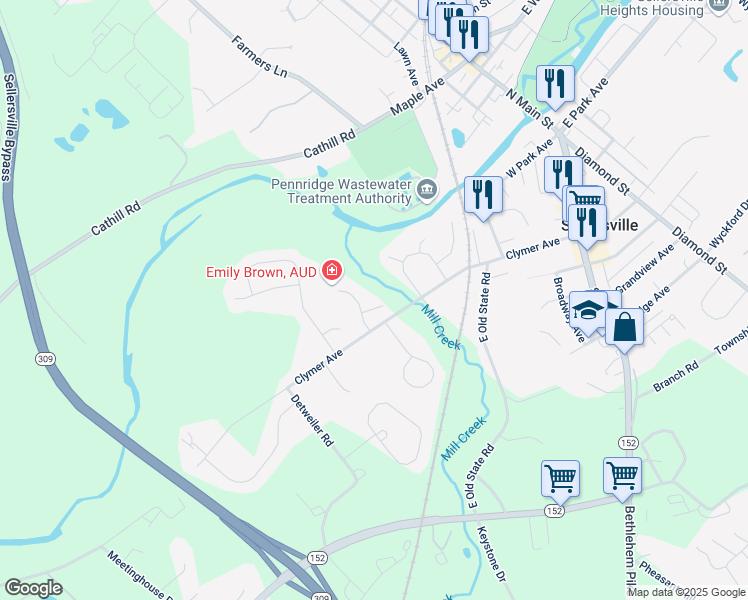 map of restaurants, bars, coffee shops, grocery stores, and more near 1210 Millcreek Road in Sellersville