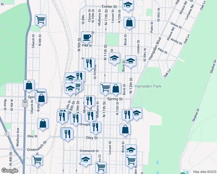 map of restaurants, bars, coffee shops, grocery stores, and more near 1112 Robeson Street in Reading