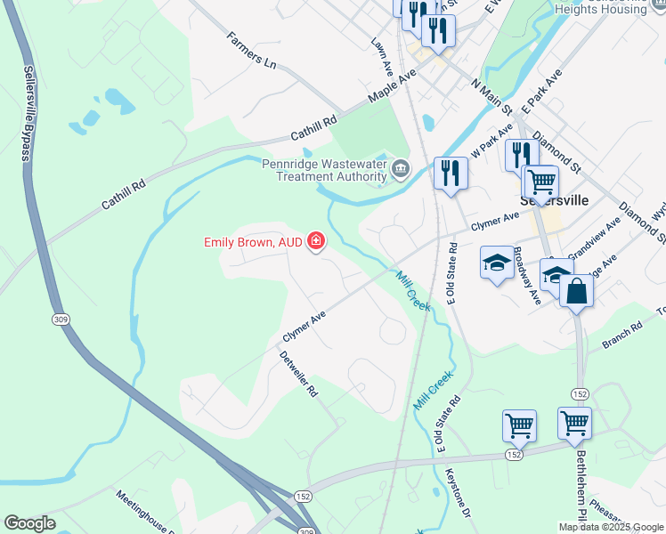 map of restaurants, bars, coffee shops, grocery stores, and more near 1130 Millcreek Road in Sellersville
