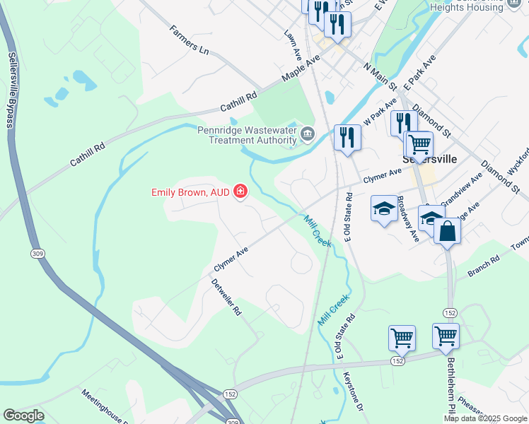 map of restaurants, bars, coffee shops, grocery stores, and more near 1210 Millcreek Road in Sellersville