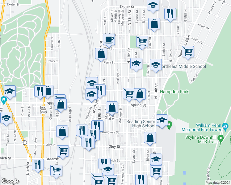 map of restaurants, bars, coffee shops, grocery stores, and more near 1053 North 10th Street in Reading