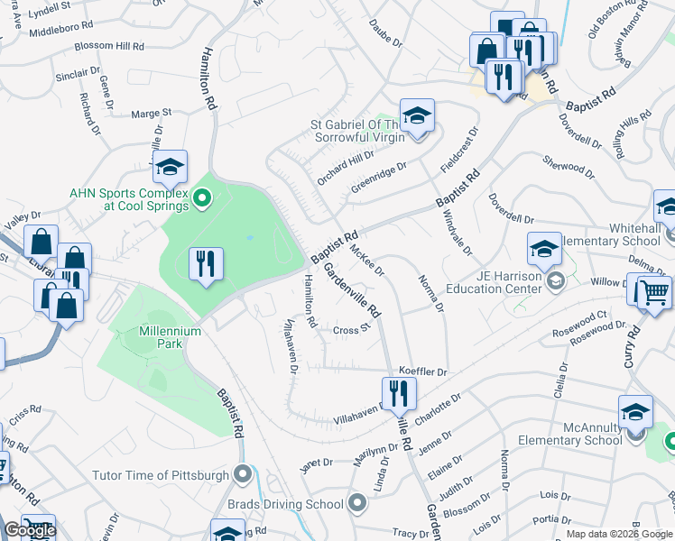map of restaurants, bars, coffee shops, grocery stores, and more near 4521 Gardenville Road in Pittsburgh