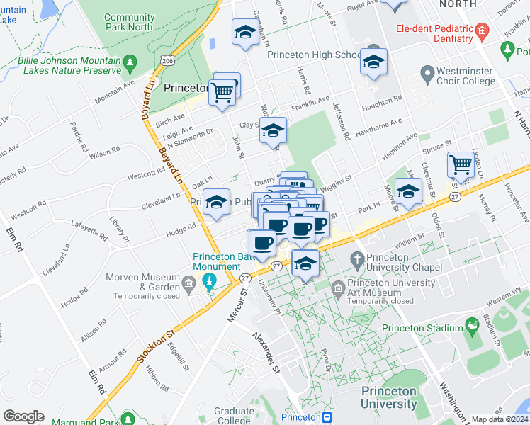 map of restaurants, bars, coffee shops, grocery stores, and more near 28 Paul Robeson Place in Princeton