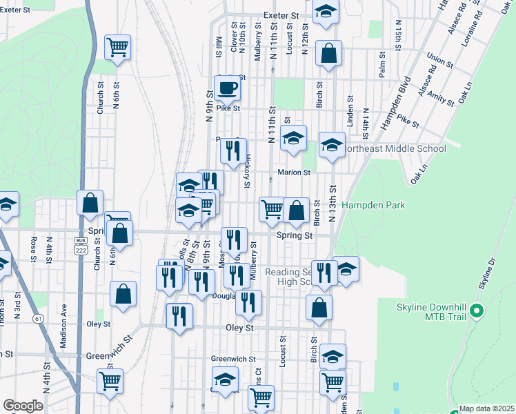 map of restaurants, bars, coffee shops, grocery stores, and more near 1030 Robeson Street in Reading