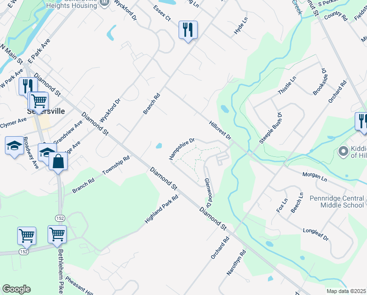 map of restaurants, bars, coffee shops, grocery stores, and more near 177 Hampshire Drive in Sellersville