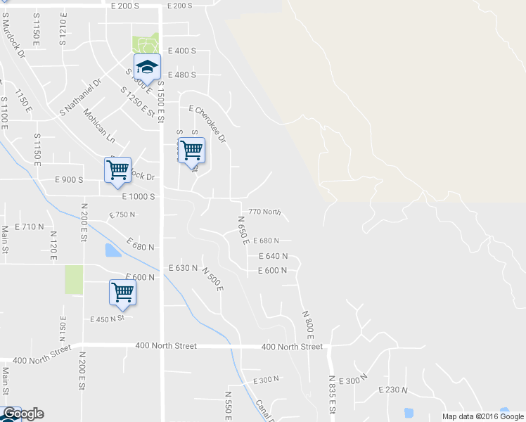 map of restaurants, bars, coffee shops, grocery stores, and more near 677 East 770 North in Lindon