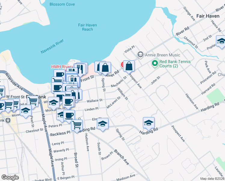 map of restaurants, bars, coffee shops, grocery stores, and more near 23 Oldfield Pl in Red Bank