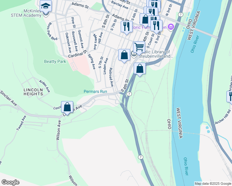 map of restaurants, bars, coffee shops, grocery stores, and more near 484 Lincoln Avenue in Steubenville