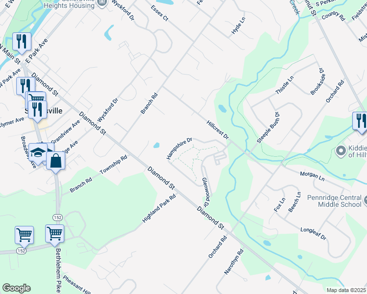 map of restaurants, bars, coffee shops, grocery stores, and more near 173 Hampshire Drive in Sellersville
