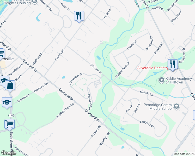 map of restaurants, bars, coffee shops, grocery stores, and more near 125 Hampshire Drive in Sellersville