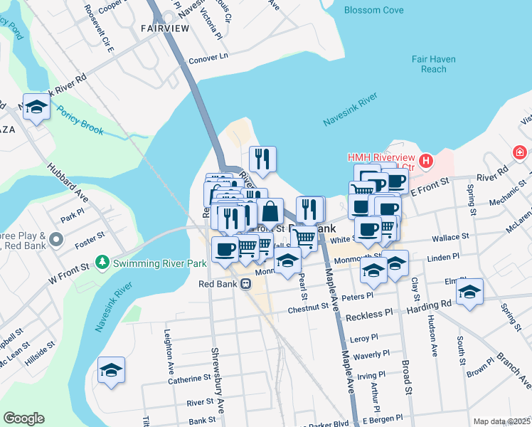 map of restaurants, bars, coffee shops, grocery stores, and more near 11 Allen Place in Red Bank
