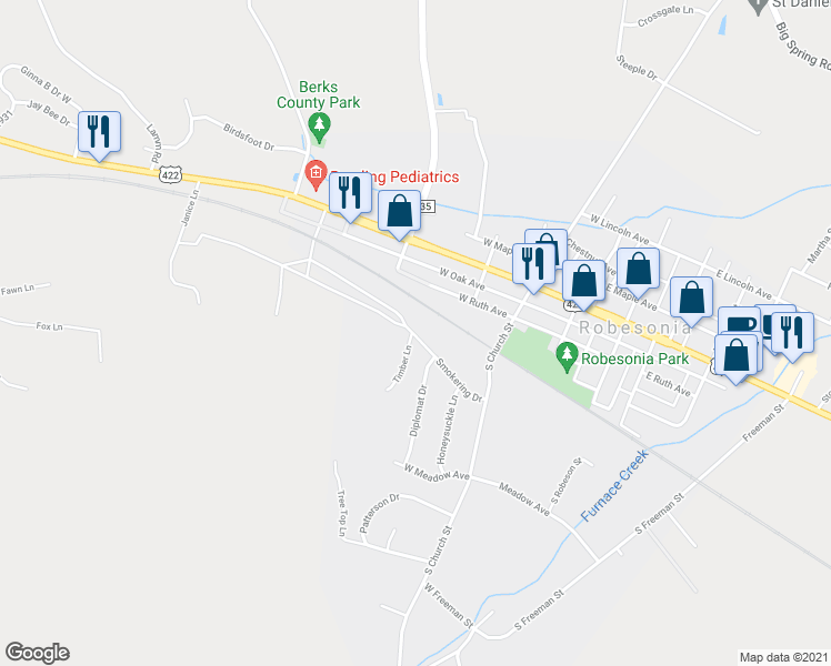 map of restaurants, bars, coffee shops, grocery stores, and more near 333 Timber Lane in Robesonia