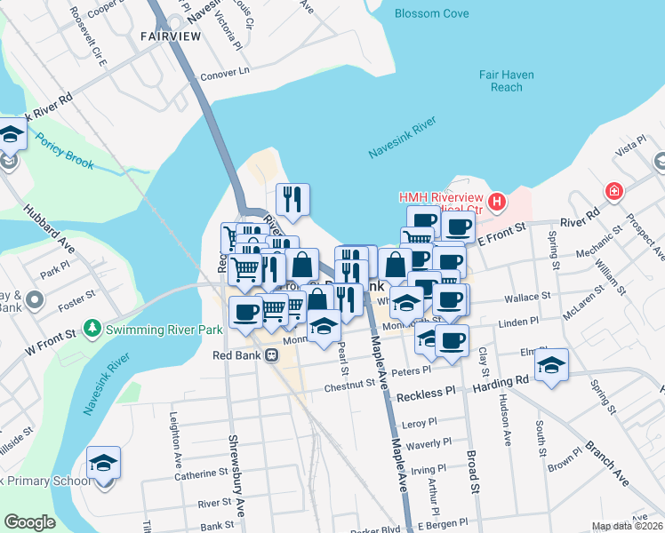 map of restaurants, bars, coffee shops, grocery stores, and more near 28 Riverside Avenue in Red Bank