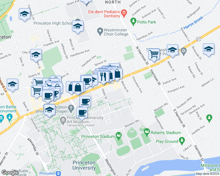 map of restaurants, bars, coffee shops, grocery stores, and more near 239 Nassau Street in Princeton