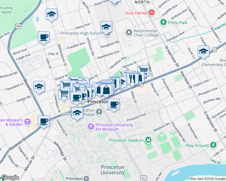 map of restaurants, bars, coffee shops, grocery stores, and more near 6 Moore Street in Princeton