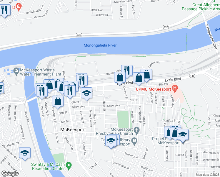 map of restaurants, bars, coffee shops, grocery stores, and more near 624 Lysle Boulevard in McKeesport