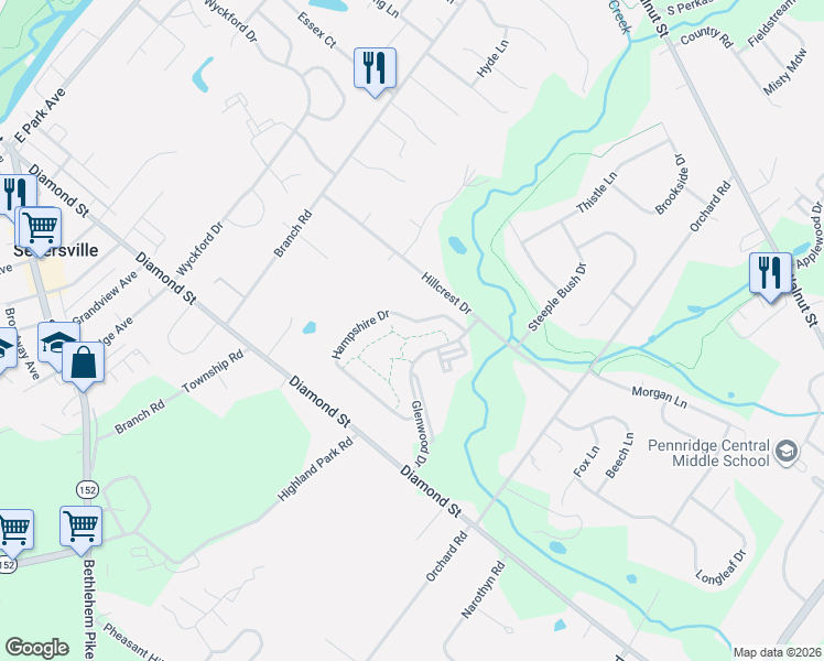 map of restaurants, bars, coffee shops, grocery stores, and more near 153 Hampshire Drive in Sellersville