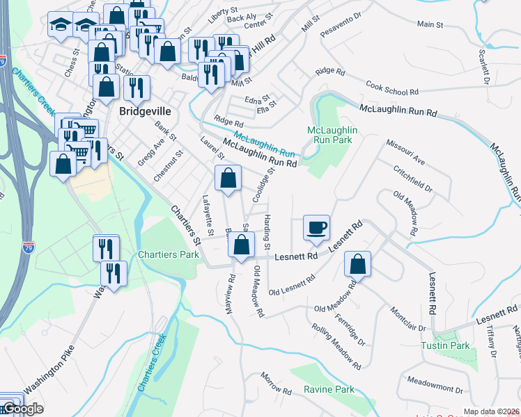 map of restaurants, bars, coffee shops, grocery stores, and more near 412 Forbes Street in Bridgeville