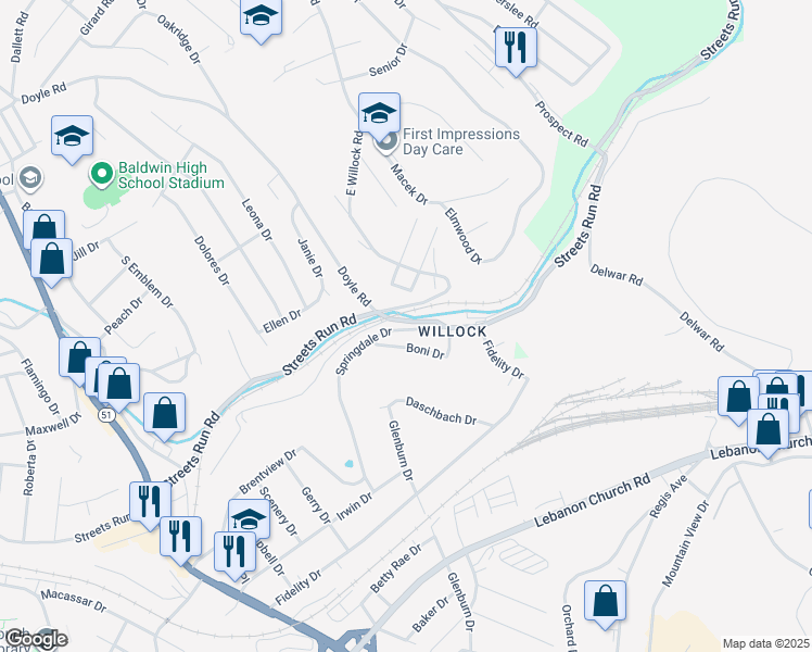 map of restaurants, bars, coffee shops, grocery stores, and more near 1128 Springdale Drive in Pittsburgh