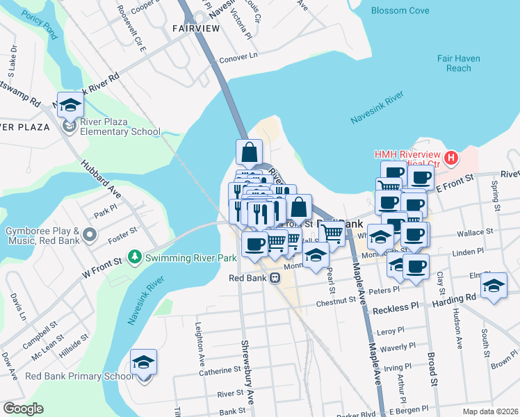 map of restaurants, bars, coffee shops, grocery stores, and more near 1 Bridge Avenue in Red Bank