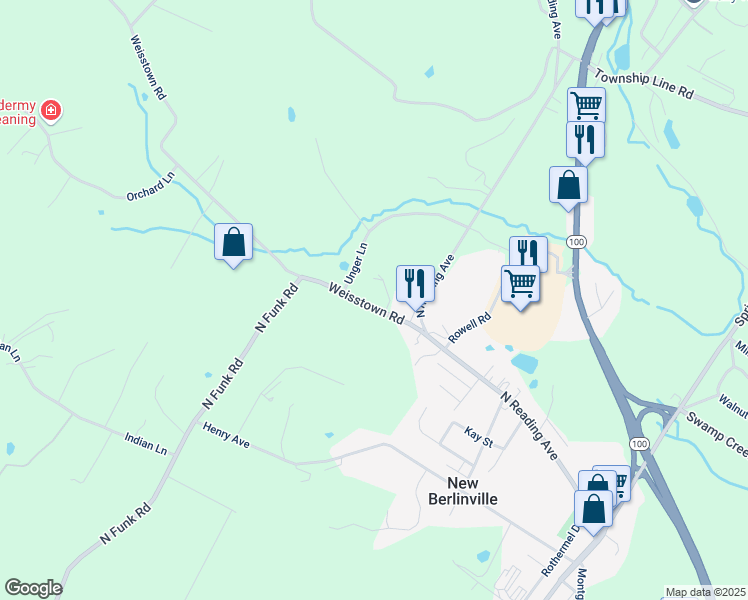 map of restaurants, bars, coffee shops, grocery stores, and more near 1019 Weisstown Road in Boyertown
