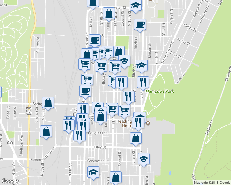 map of restaurants, bars, coffee shops, grocery stores, and more near 1057 North 11th Street in Reading